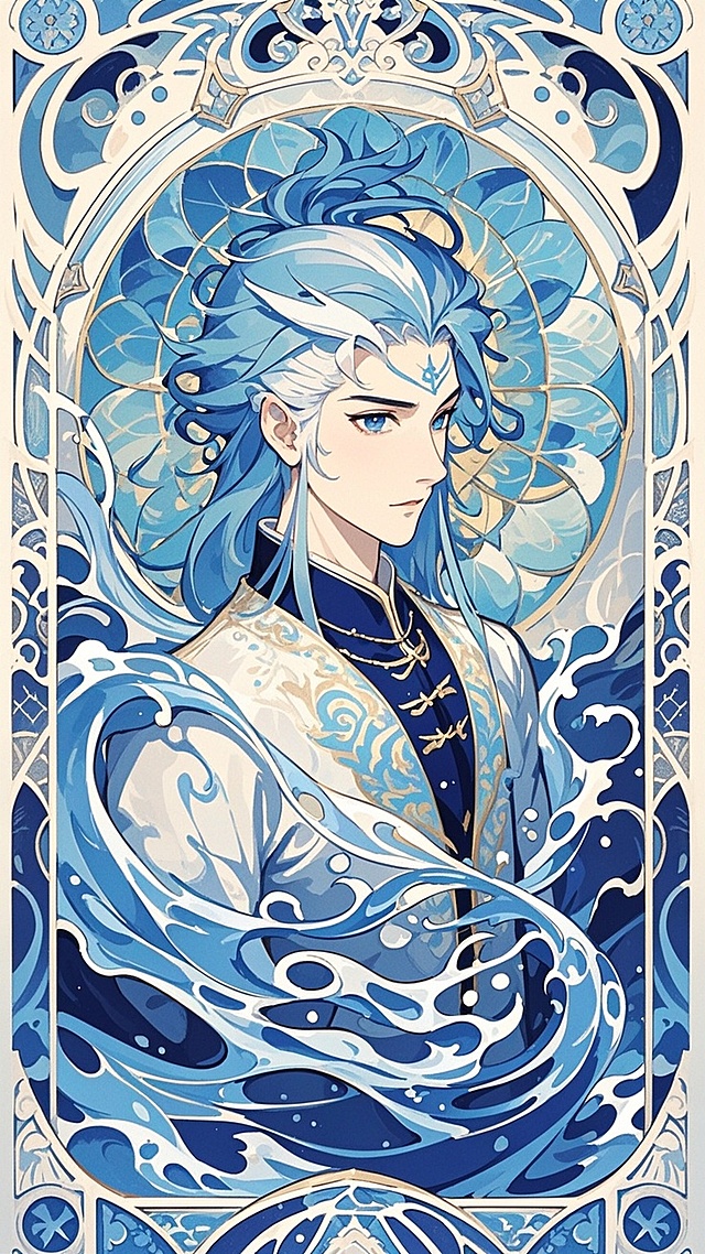 敖丙半身，站在画面中间，周围全是水波环绕的纹样，蓝白配色