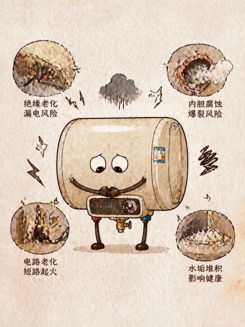在热水器周围增加超期使用老家电的危害元素，把热水器动作改成尴尬叉手低头的姿势，和前面所有家电姿势都不一样，保持原有复古水彩风格，去掉嘴巴只留眼睛，保持原图比例预览效果
