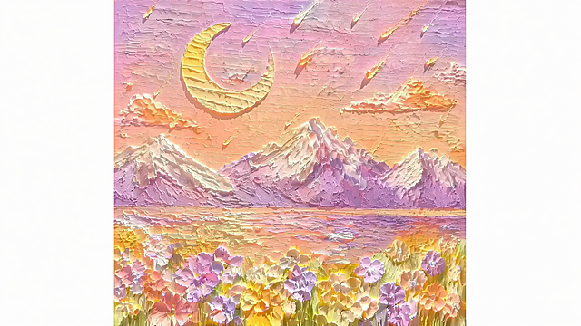 梦幻3D风油画，融合未来感与霓虹灯色调，金属质感的月亮与流星点缀粉紫山脉，花海绽放于虚拟现实之境，呈现赛博朋克美学下的浪漫节日氛围。