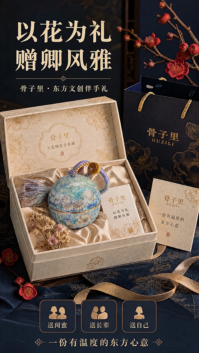 去除陶瓷罐产品表面的所有光斑、高光反射和过亮反光点，保留罐体原有的万花图案、颜色、纹理和陶瓷质感，使光线均匀柔和；画面其余元素（礼盒、手提袋、贺卡、干花、梅花、背景、文字）保持不变，整体构图和风格完全一致。