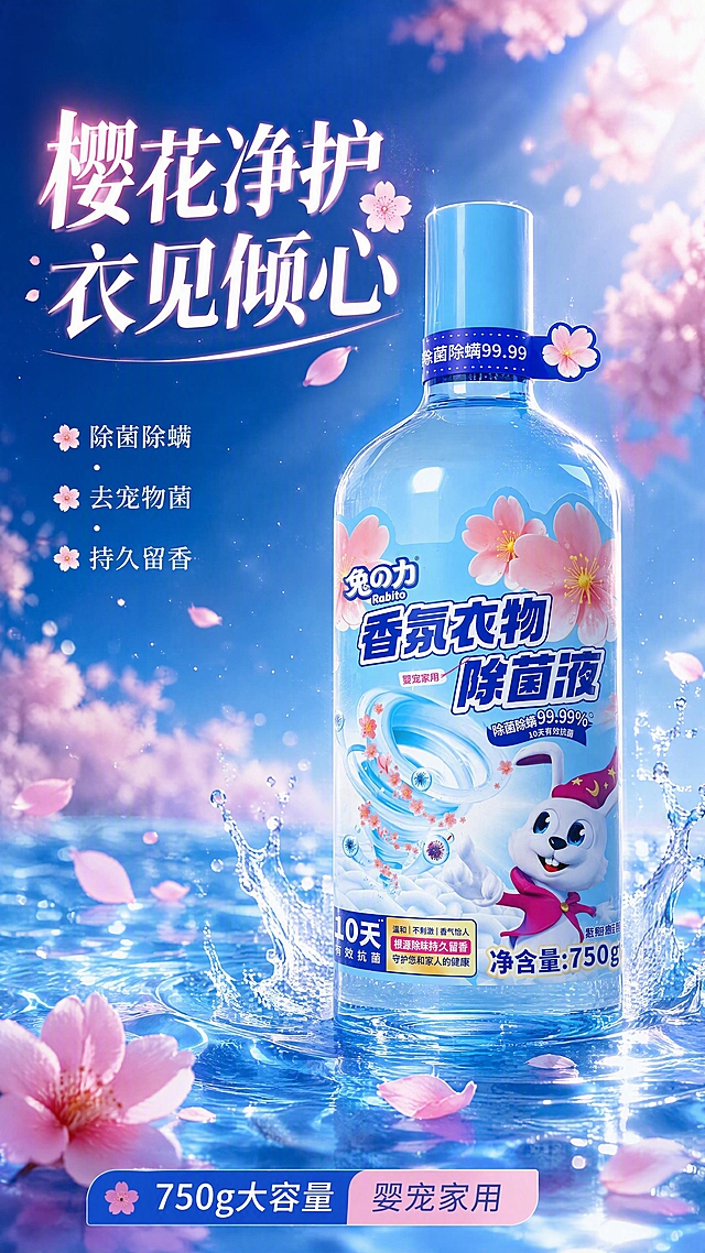 [第1张] 详情页头图-兔之力香氛衣物除菌液樱花款沉浸式洗护海报。本张使用【图1】作为商品主体。
[氛围/风格] 梦幻樱花水漾风，深蓝渐变水感背景，樱花漂浮，高级洁净感，电影级光影，抖音快手竖版详情页风格。
[元素布局] 除菌液瓶身置于画面中下偏右，占比约55%，瓶身结构、颜色、标签与输入产品图完全一致；瓶身半浸于清透蓝色水波纹中，水花轻柔溅起；无数粉色樱花花瓣从上方飘落，部分浮于水面；背景为深邃蓝到浅蓝的渐变光晕，有微光粒子浮动；左上角留白为标题区。
[光影质感] 右上方逆光打亮瓶身轮廓，形成通透金边，水面有波光反射，整体氛围梦幻高级。
[配色色系] 全局底色 #1E3A8A 到 #93C5FD 的深蓝渐变；主色深海蓝 #1D4ED8；辅助色樱花粉 #F472B6；点缀色银白色水光。
[视角构图] 正面微俯视，产品位于视觉黄金分割点，阅读动线左上标题 → 中部产品 → 底部水漾氛围。
[文字版式] 版式为左上大标题 + 右下产品 + 底部氛围。主标题「樱花净护 衣见倾心」，书法感黑体加粗，白色带粉光；副标题「除菌除螨 · 去宠物菌 · 持久留香」，白色小字分三行；底部横条信息「750g大容量 婴宠家用」；文字不遮挡瓶身主体。
[比例分辨率] 9:16 竖版比例，4K 分辨率，文字清晰可辨，高清画质。
[负向提示词] 瓶身变形，缺件错件，颜色偏差，包装文字错乱，水印，文字过小，产品图模糊，背景杂乱。