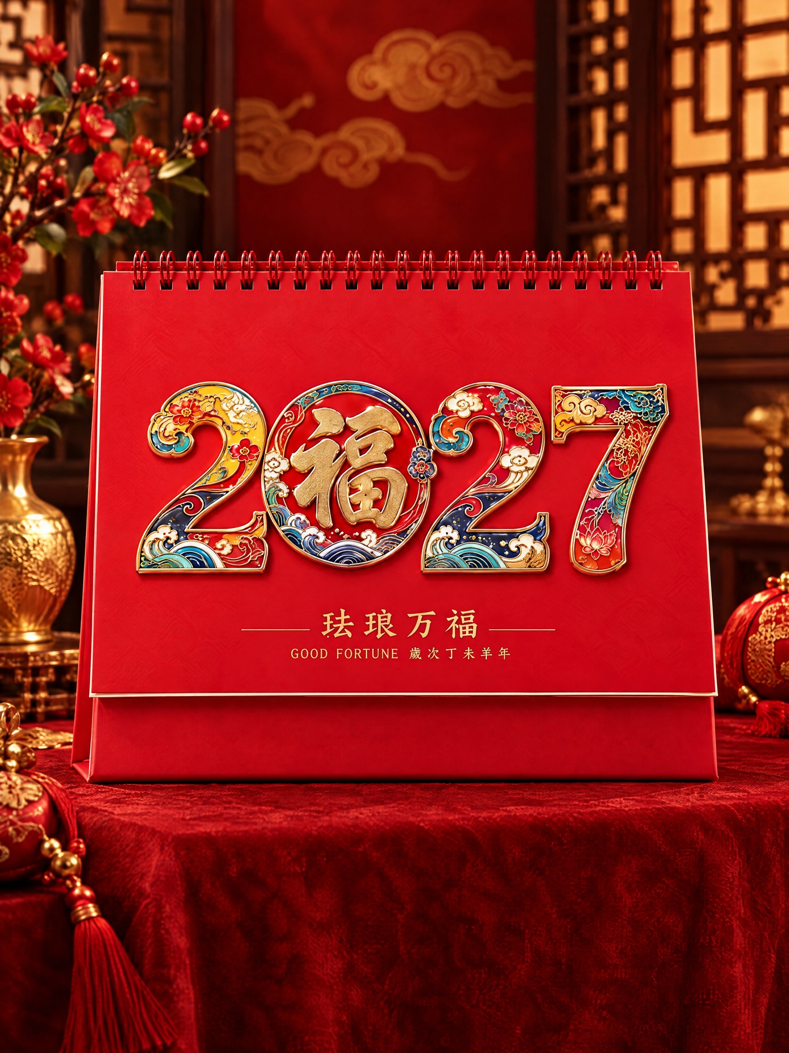从这张四宫格图中提取右上的珐琅万福款台历，单独生成一张产品选项… - 图片创意预览