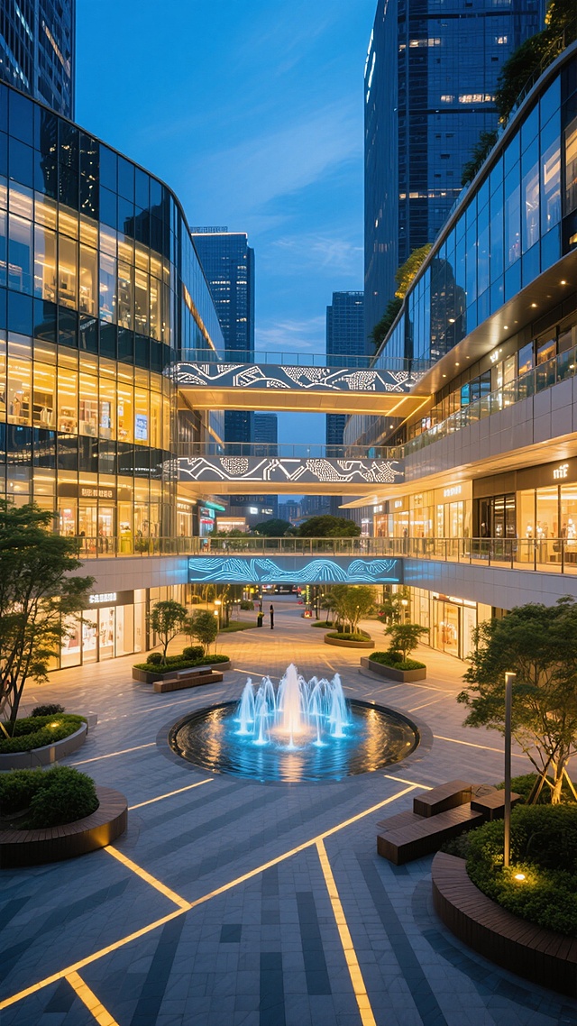 现代风格商业综合体夜景，玻璃幕墙与金属框架建筑，多层连廊连接各栋建筑，连廊装饰艺术图案，地面铺装几何线条，中心喷泉广场，暖黄色与蓝色灯光交织，建筑内部透出明亮光线，周围点缀绿植，开阔广场空间，远处高楼背景，傍晚蓝调天空，光影层次丰富，现代都市商业氛围，设计感十足的商场外观，通透开放的空间布局，精致的建筑细节，动态的水景元素，舒适的休憩区域。