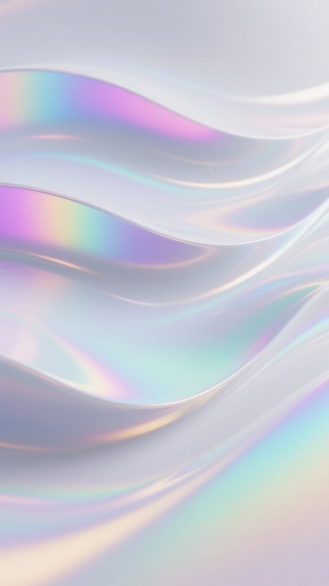 一张充满未来感与梦幻氛围的镭射质感背景图，整体呈现光滑细腻的3D渐变效果，主色调以纯净的白色为基底，通过光线折射出绚丽的彩虹色光谱，包括粉紫、天蓝、薄荷绿和淡金色等，色彩过渡自然和谐。画面中，柔和的白色曲面以流畅优雅的弧度层层叠叠，形成富有动感的波浪状起伏，光影效果突出，高光区域明亮耀眼，阴影部分则增添了微妙的层次感与空间深度。光线从多角度照射，在曲面交界处形成清晰锐利的光带，镭射材质特有的虹……预览效果