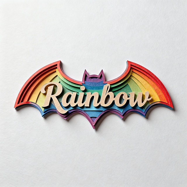 一个以彩虹色渐变呈现的蝙蝠轮廓LOGO，内部镂空出“Rainbow”字样，字体为复古手写艺术体，边缘带有轻微立体浮雕感与纸板切割纹理；背景为纯净单一的浅灰白色，整体风格保持3D纸艺质感与节日欢快氛围，光影柔和均匀，突出彩虹色彩的饱和度与层次过渡，无任何附加元素如电话、地址或二维码。