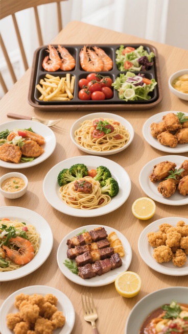 一张摆满丰盛美食的木质餐桌，干净明亮的现实风格场景，适用于背景素材。桌上方着九宫格托盘，托盘里放着虾，薯条，西红柿，沙拉，意面，西兰花。烤肉块，鸡米花。柠檬片，预览效果