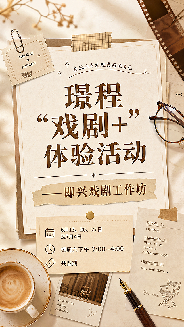 小红书封面，主题为璟程“戏剧+”体验活动——即兴戏剧工作坊，活动日期：6月13、20、27以及7月4日，每周六下午2点-4点，共四期。风格明亮干净欢快，柔和的自然光，浅景深，温暖诱人的氛围，参考三张图片的复古纸质平铺排版风格，主标题“璟程“戏剧+”体验活动——即兴戏剧工作坊”清晰居中，下方标注活动时间信息。整体暖棕浅色调，搭配简约装饰元素。