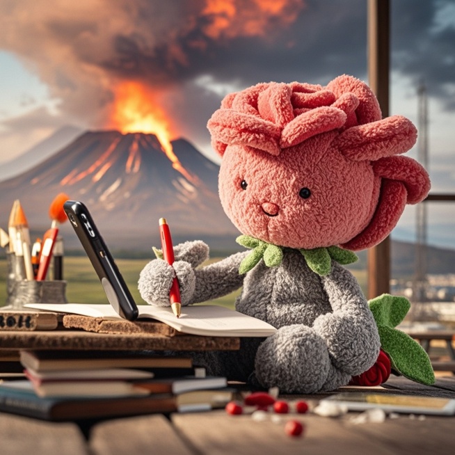 一朵玫瑰花比对着电脑办公，背景是户外火山爆发预览效果