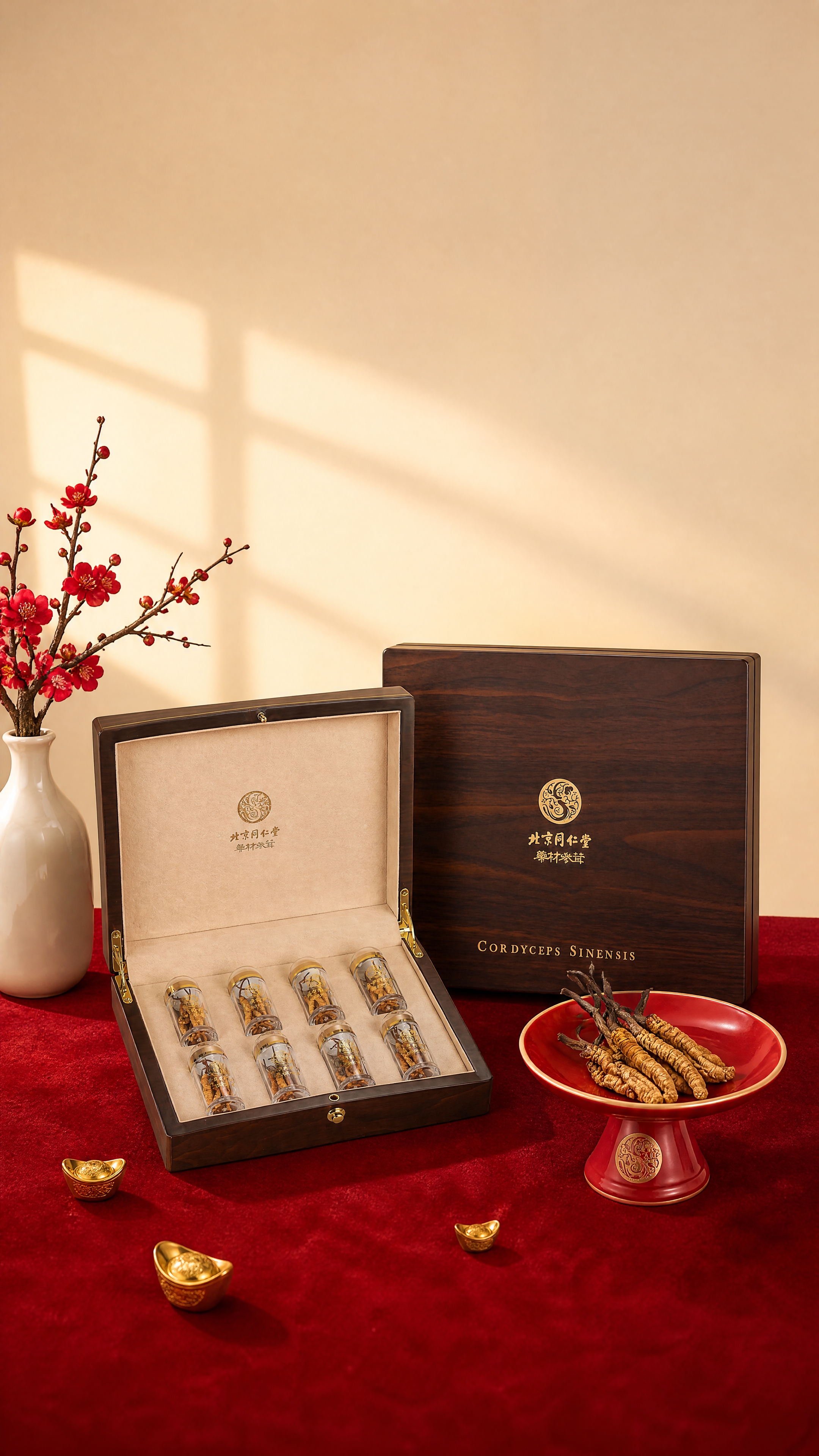 竖版商业高端滋补品摄影，45°斜侧平视视角，室内雅致新年布景，… - 图片创意预览