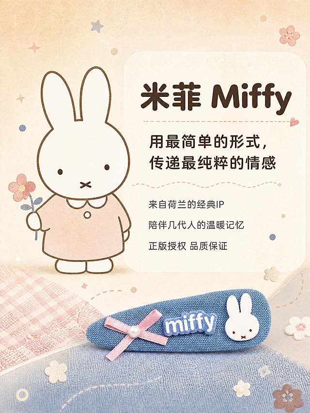 [商品] 使用【图1】粉格纹棕兔+牛仔蓝米菲发夹两件套中的米菲兔头发夹；保留米菲兔头形象、miffy字母牌；商品处理：保留米菲形象原貌，作为IP元素融入品牌故事画面。
[画面] 目标=IP品牌故事，品牌故事型；左侧米菲兔插画风格的简约线条形象，右侧文案区；背景为奶白色+浅米色的温暖渐变，点缀小花朵、星星、圆点等软萌装饰元素；底部有发夹产品小图呼应；整体传递「用最简单的形式，传递最纯粹的情感」的品牌理念。
[视觉] 套系策略：风格=软萌复古童趣治愈系商业摄影；标题字=圆润粗黑体；正文字=简洁圆角无衬线体；主色=粉棕格纹+牛仔蓝复古配色；背景延展=基于粉棕和牛仔蓝做深浅层级、同色渐变和细腻织物/纸张质感；强调色=奶白色/浅粉色，仅用于小面积图标、引线和标签；标题色=深棕色；正文色=中暖灰；组件=圆角软底信息卡、圆点/曲线装饰、细线引线；光影=左前侧暖柔光，柔和自然。
[文字] 右上主标题「米菲 Miffy」，下方副标题「用最简单的形式，传递最纯粹的情感」，再下方3行品牌故事文案「来自荷兰的经典IP」「陪伴几代人的温暖记忆」「正版授权 品质保证」，文字排版优雅有呼吸感。
[规格] 图片比例3:4竖版，4K分辨率，避免变形、错字、文字过小、冷蓝/蓝灰背景、米菲形象失真。