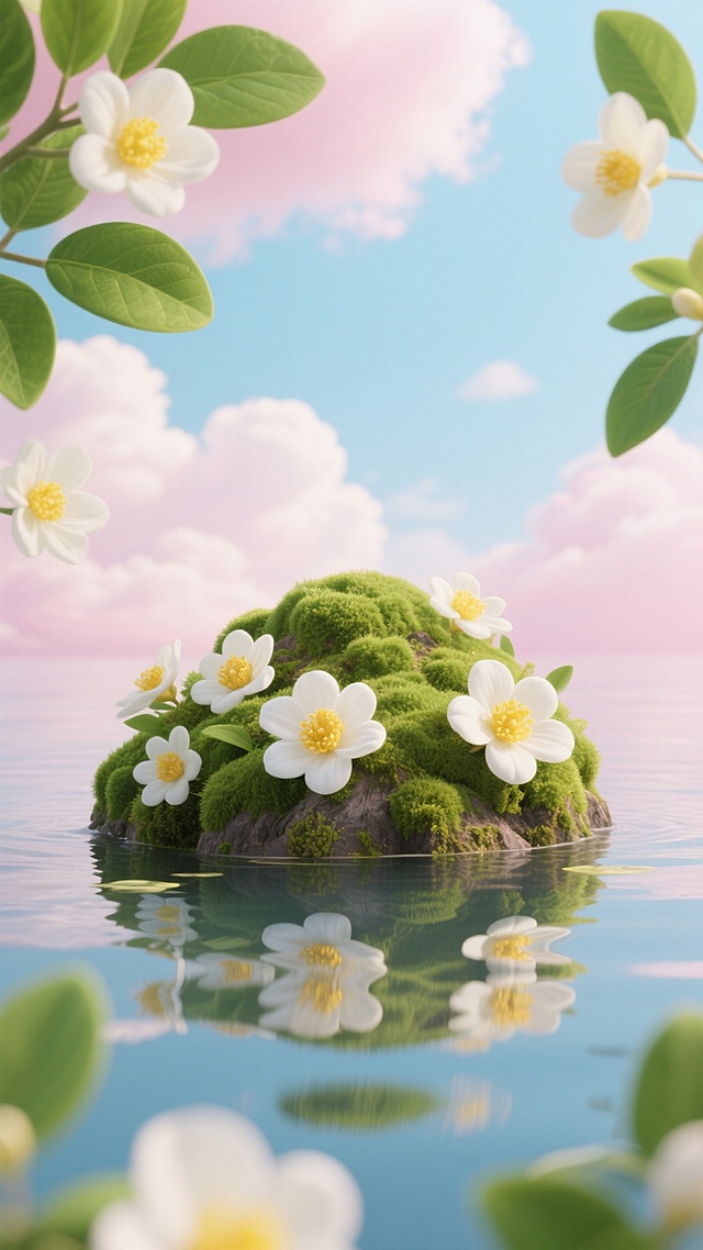 覆盖翠绿苔藓的小岛漂浮在清澈水面，周围环绕着白色花朵与绿叶，背景是淡粉色天空和洁白云朵，水面有清晰倒影