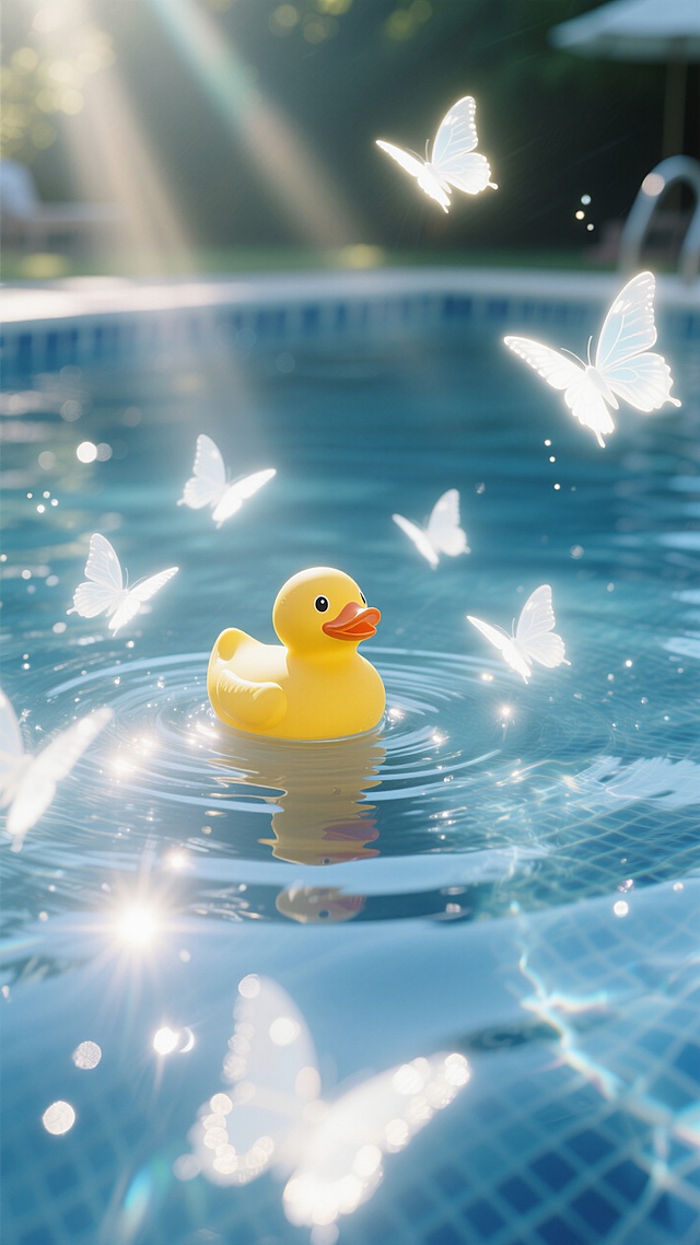 亮光氛围，白色氛围光，夏天的泳池，小黄鸭玩具在湖水上特写，若干只白色发光蝴蝶错落飞舞环绕
