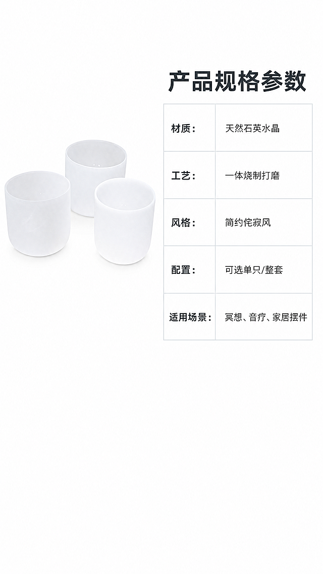 [第8屏] 规格参数页-水晶颂钵详细规格信息展示。本屏使用【图1】产品小图放在左侧，保持产品外观一致。
[氛围/风格] 简约清晰，专业参数展示，干净工整排版。
[元素布局] 左侧放置产品小图，占画面宽度35%，右侧为参数表格排版，从上到下依次列出各项核心参数，背景纯白干净。
[光影质感] 均匀布光，产品和文字都清晰明了，无复杂光影。
[配色色系] 全局底色：#FFFFFF（纯白）；主体配色：#FFFFFF（水晶白）+ #263238（深灰文字）；辅助色：#CFD8DC（浅灰表格线）。
[视角构图] 左图右文，参数清晰排版，符合用户查看参数习惯。
[文字版式] 顶部标题“产品规格参数”加粗深灰色，右侧参数表格依次列出：
- 材质：天然石英水晶
- 工艺：一体烧制打磨
- 风格：简约侘寂风
- 配置：可选单只/整套
- 适用场景：冥想、音疗、家居摆件
文字清晰行间距适中，适合移动端阅读。
[比例分辨率] 9:16 竖版比例，4K分辨率，文字清晰可辨，超高清。
[负向提示词] 参数错乱，产品变形，文字模糊，颜色偏差，水印，背景杂乱