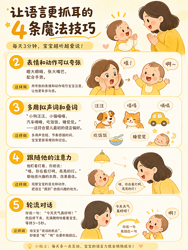 根据图片文字内容制作育儿科普图文，3:4竖版，保持暖黄米白同色系，延续上文风格，内容为让语言更抓耳的剩余4条魔法技巧，包括表情动作、拟声词叠词、跟随注意力、轮流对话，卡通温馨风格