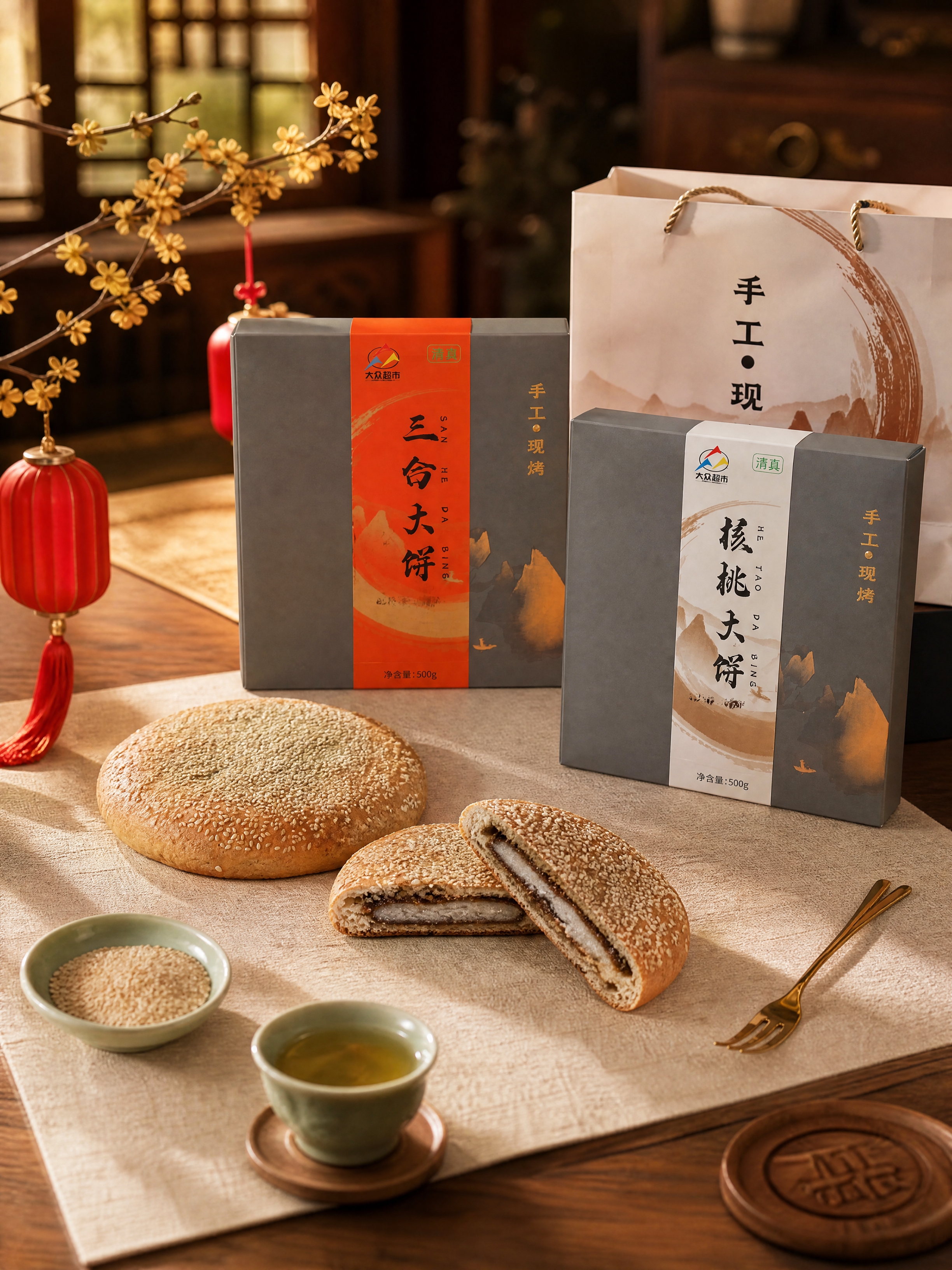 超写实中秋佳节食品场景摄影。 主体：传统芝麻大饼（三合大饼）与… - 图片创意预览