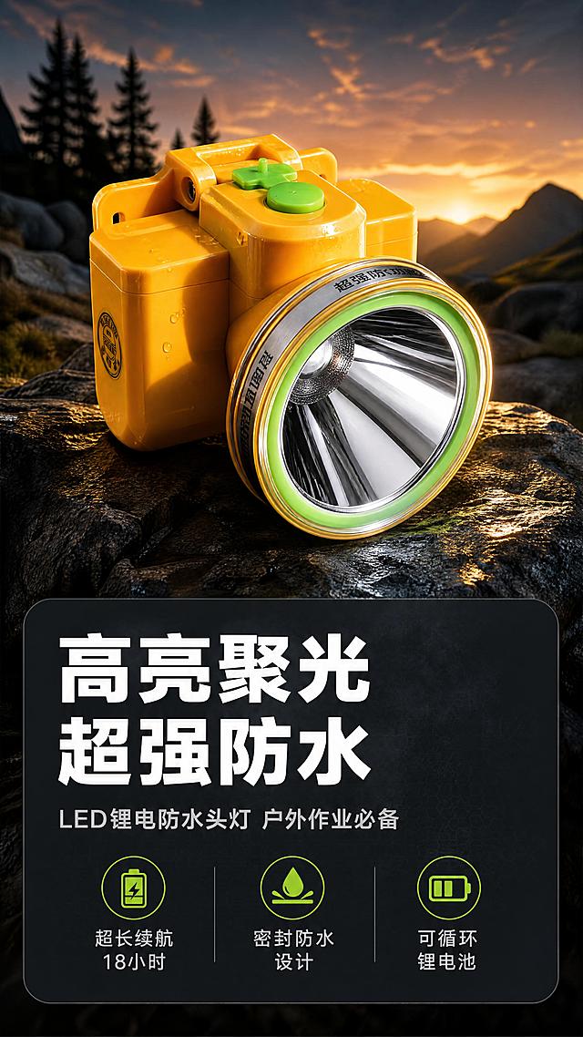 [商品] 使用【图3】橙黄色LED锂电防水头灯正面斜视图；保留橙黄色机身、绿色开关按钮、银色灯杯外圈、绿色内圈、整体结构比例和材质质感；商品处理：增强塑料外壳光泽与金属灯杯反光质感，保持产品原貌不变。
[画面] 目标：头图海报，突出高亮聚光与户外属性。构图：上下分栏，上60%为产品+户外场景，下40%为文案区。主体位置：画面中上部偏左，产品占画面50%。摆放角度：正面微侧45度，灯头朝向右前方。景别：中景。阅读动线：从上到下，先看产品再看标题卖点。前中后景：前景头灯主体，中景户外山林环境，远景天空。场景：户外山林/野外环境，傍晚暮色氛围，突出产品工业质感。
[视觉] 套系策略：风格=工业硬核户外商业摄影风；标题字=粗黑无衬线黑体；正文字=简洁无衬线黑体；主色=橙黄色（取自产品机身）；背景延展=深灰蓝到橙黄渐变的暮色户外，同色系深浅层级；强调色=荧光绿（取自产品开关），仅用于小面积图标、引线、标签；标题色=白色；正文色=浅灰色；组件=圆角深色信息卡、细线引线；光影=左前侧硬光突出产品质感，产品周围有轮廓光。
[文字] 主标题"高亮聚光 超强防水"，副标题"LED锂电防水头灯 户外作业必备"，下方3个短卖点图标+文字："超长续航18小时""密封防水设计""可循环锂电池"。文字区位于画面下半部深色信息卡上，白色文字，不遮挡产品主体。
[规格] 图片比例9:16竖版，4K，避免变形、错字、文字过小、产品颜色改变、结构失真、极限词。