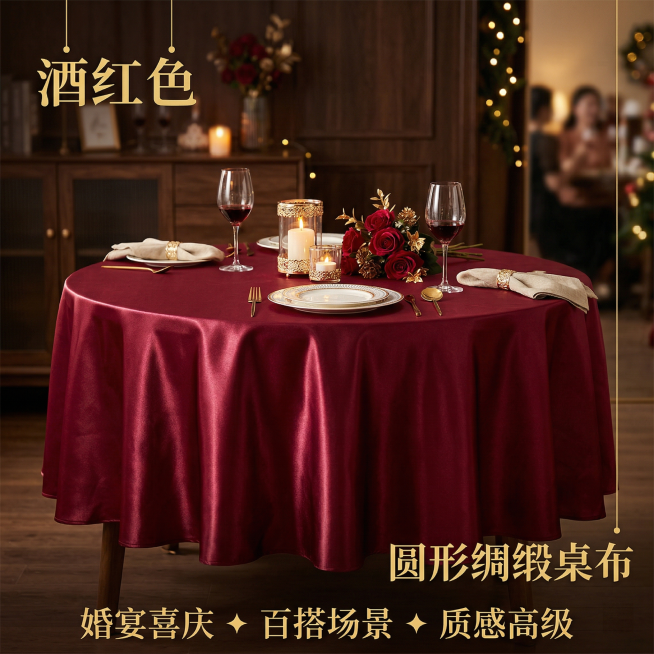 [1:1 SKU图 酒红色圆形绸缎桌布]
[主图主题] 酒红色圆形绸缎桌布
[氛围/风格] 喜庆氛围，高级质感，暖调光影
[画面元素] 圆形大餐桌上铺设酒红色绸缎桌布，自然垂坠，展示完整圆形形态，光泽预览效果