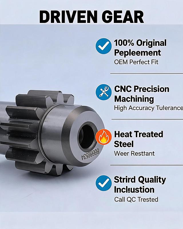 Product advantage detail page for driven gear. Keep original product from image unchanged, add English text and icons. Include keywords: 100% Original Replacement, CNC Precision Machining, Heat Treated Steel, Strict Quality Inspection. Clean industrial layout, highlight product quality advantages, suitable for Alibaba International and Amazon. English text.