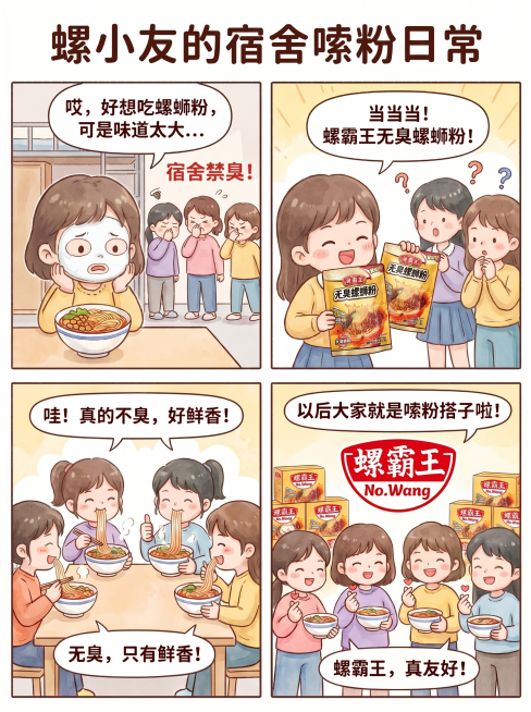 将四格条漫“螺小友的宿舍嗦粉日常”里所有人物都换成女生，保持整体故事内容、画风、布局、文案和螺霸王品牌元素不变，故事依然完整：想吃螺蛳粉怕味臭→拿出螺霸王无臭款→一起嗦粉夸不臭→成为固定嗦粉搭子，风格预览效果