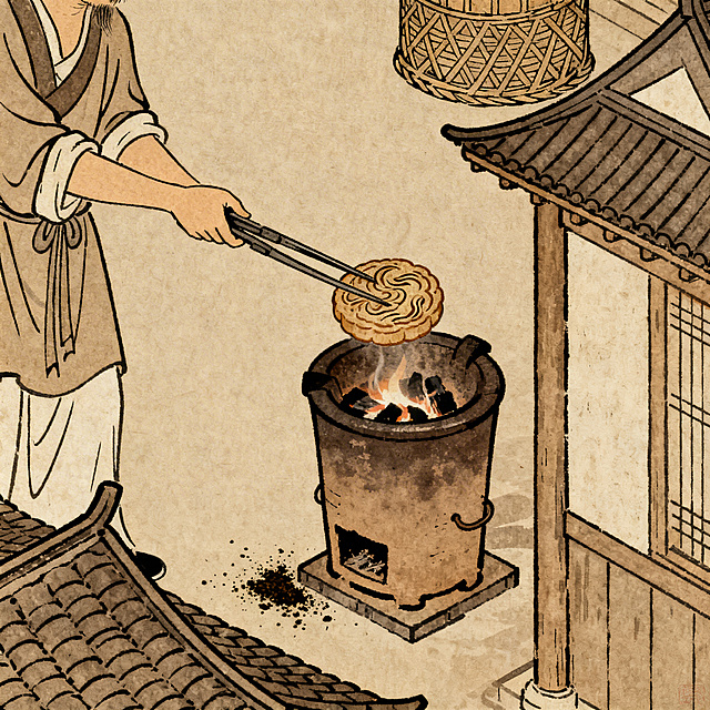 画面内容为宋代斗茶场景中的炙茶动作，侧重展现炙烤茶叶动作，减少人物占比，整体色调统一为茶色、酱油色，风格简洁线条扁平化，带有复古历史感，仿照清明上河图的创作风格绘制