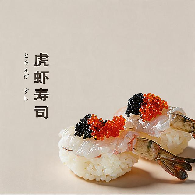 背景保持不变。优化成8K超高清商业美食摄影，寿司造型不变方向不变，虎虾寿司造型精致，食材新鲜通透，虾肉纹理清晰，鱼子饱满Q弹晶莹剔透，虾壳质感自然，米饭紧实饱满。整体为极简高级风格，顶侧45°柔和自然光，细腻柔和的阴影，食材有通透光泽感，商业级精修，超写实细节，电影级质感。柔和自然光，阴影细腻，专业美食摄影，佳能R5+100mm微距镜头，f/8光圈，锐度拉满，色彩自然高级，无噪点，无畸变，不要改变寿司原本造型和方向。保留原有文字"虎虾寿司"，保持文字位置和样式不变。