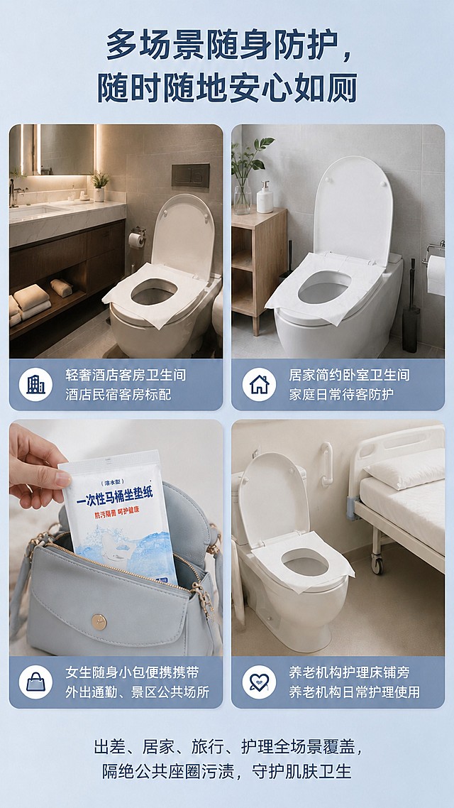重新生成此适用场景四宫格详情页，保持原有整体版式、文字内容、四个场景布局、低饱和浅蓝柔光风格完全不变，仅将左下角方块中的产品包装替换为图2（https://gdesign-dam-hz.dancf.com/36954505140752438/744ba534c1fe4e14ab496b63e598a515.jpg）的真实实拍包装样式，保持手拿出包的场景动作不变，包装外观、文字和图2保持一致，其他三个场景和底部文字均保持不变，整体风格统一。[负向提示词] 包装变形，文字错乱，场景不协调，颜色偏差。