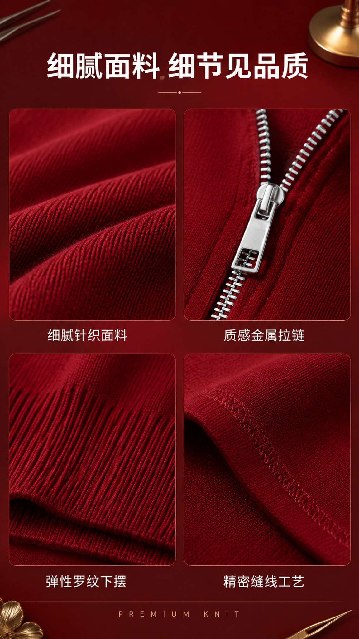 [第3张] 详情页面料与细节-正红色半高领拉链针织开衫面料与细… - 图片创意预览