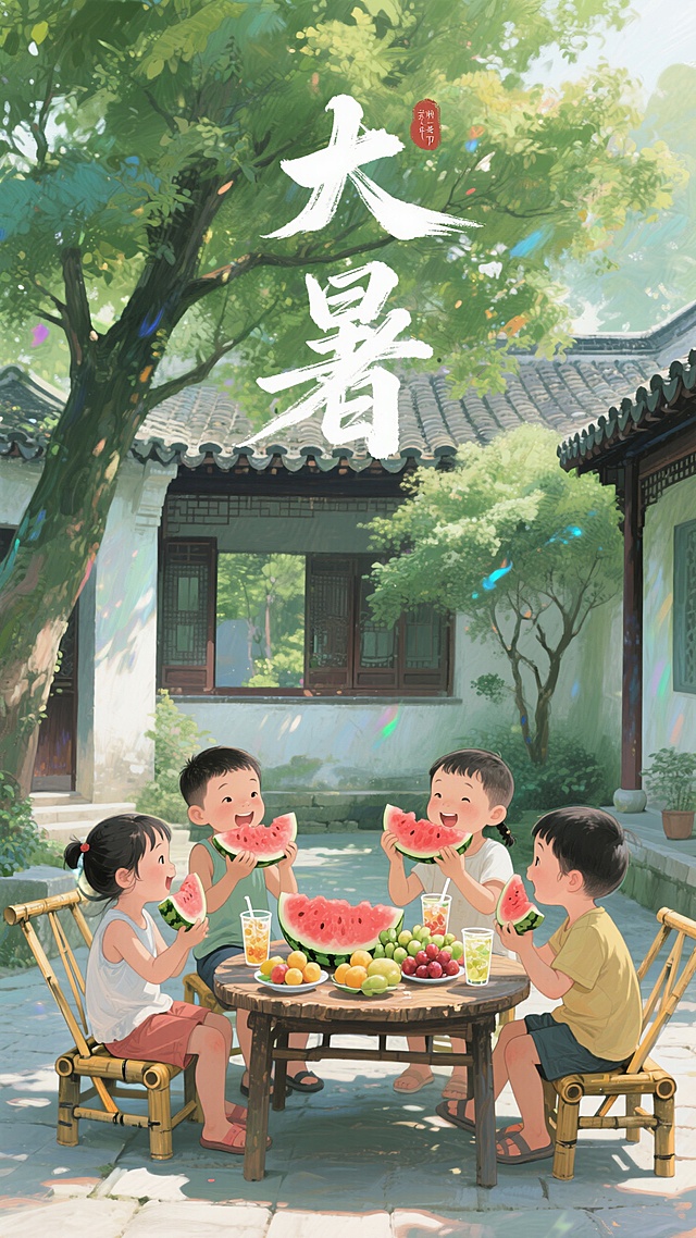 水彩插画风，清新卡通感，孩子们在树荫下吃西瓜，夏日大暑的欢乐时光。