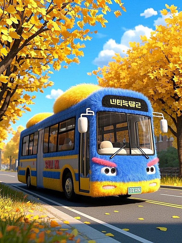 一辆超现实的公交车,背景是南京梧桐大道，秋天。