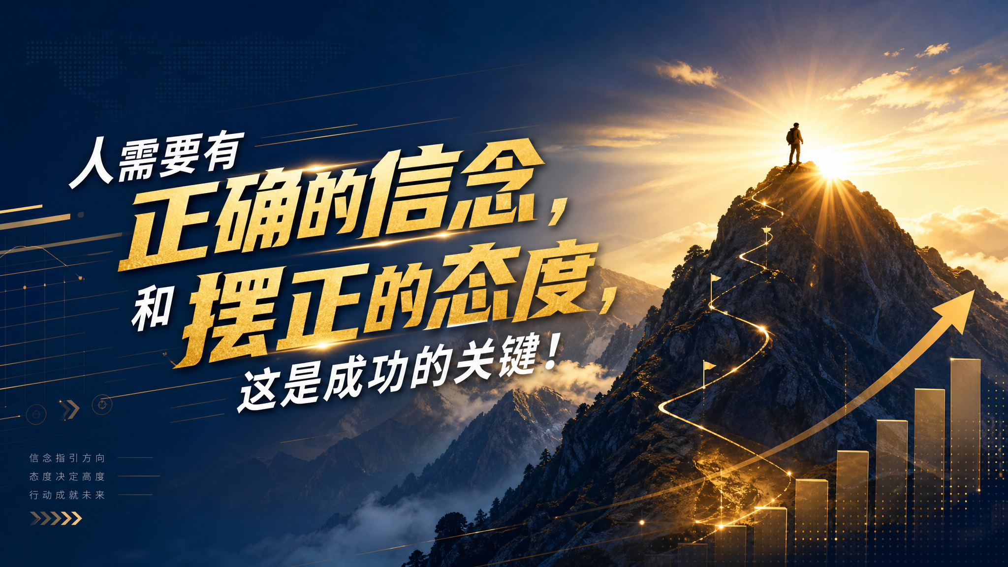 横版励志海报，大气商务风格，背景是晨曦中攀登高峰的剪影，阳光从… - 图片创意预览