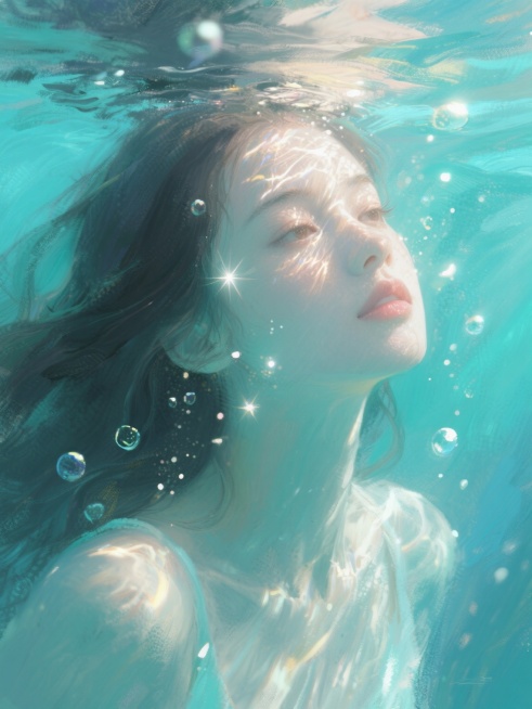 水下写真风格，高分辨率，模拟真实水下摄影质感。特写展现一位年轻女性，流露宁静与神秘气质。阳光穿透水面，形成斑驳光影洒在她脸部与头发上。周围散布着闪烁光线的小气泡。整体色调为蓝绿渐变的冷色调，背景模糊呈预览效果