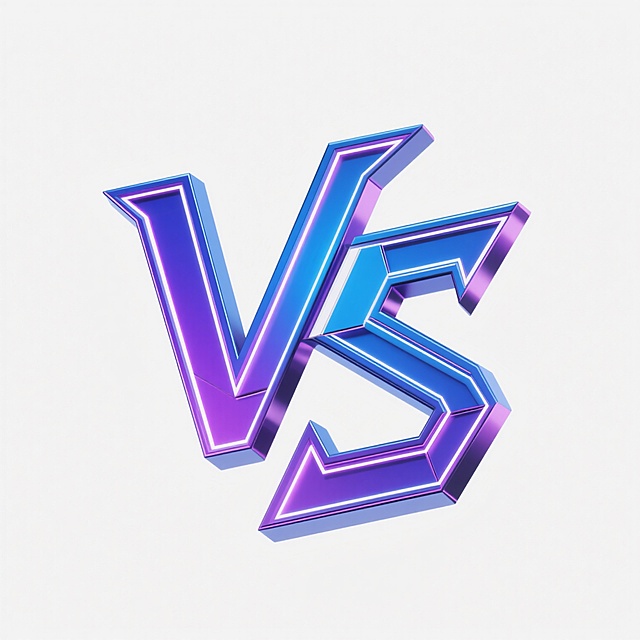 一个由蓝色和紫色渐变构成的“VS”艺术字，采用锐利的几何线条设计，具有金属光泽质感，边缘有发光效果，整体呈现出现代科技感，放置在纯白色背景上。