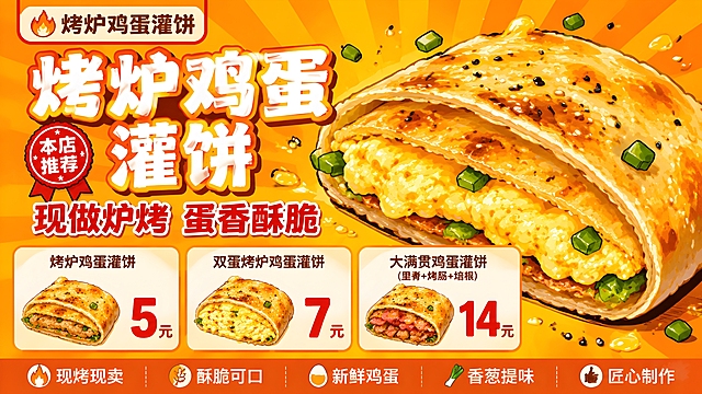 参考图1的版式结构（横版海报、左侧大标题+卖点标签、右侧产品主视觉、底部品牌栏、橙黄暖色调放射背景），将主题改为烤炉鸡蛋灌饼，整体改为卡通插画风格，产品配图为卡通风格鸡蛋灌饼。画面布局：左上角为品牌logo区域（尺寸约224*50横版，标注"烤炉鸡蛋灌饼"），左侧上半部分为大标题区，右侧为卡通鸡蛋灌饼主视觉，下方排列3款套餐卡片。背景：橙黄色放射状渐变背景，暖色调，充满食欲感，点缀少量卡通葱花、芝麻、油光等装饰元素。主标题大字："烤炉鸡蛋灌饼"，粗体卡通字体，白色带橙色描边。副标题："现做炉烤 蛋香酥脆"，红色或橙色字体。卖点标签："本店推荐" 红色圆形徽章样式。下方3款套餐卡片横向排列，每款配卡通鸡蛋灌饼插图：第1款"烤炉鸡蛋灌饼" 价格"5元"；第2款"双蛋烤炉鸡蛋灌饼" 价格"7元"；第3款"大满贯鸡蛋灌饼（里脊+烤肠+培根）" 价格"14元"。价格数字醒目突出，用红色或橙色大号字体。底部装饰栏：小图标+短句"现烤现卖""酥脆可口"等。整体风格：卡通手绘插画风格，线条圆润，色彩鲜艳饱和，充满食欲感和烟火气，版式精美，层次分明，所有文字清晰可读。画面中所有数字必须精确渲染，不得错位、遗漏或编造。画面中所有信息区域、套餐卡片、价格表格必须填充完整合理的内容，不得出现空白框、空白占位。