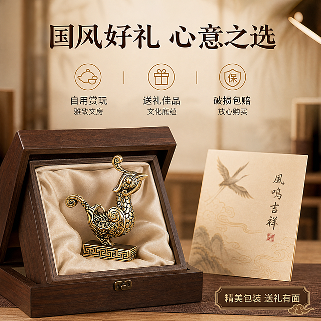 [主图-5] 送礼与服务信息图，青铜神鸟黄铜桌面小摆件，突出送礼价值与购买保障。
[统一基调] 新中式国风高级质感，整体色调以暖木色、深棕、古铜金为主，雅致温馨的氛围。标题字用阿里妈妈东方大楷，深棕色；辅助文字用思源黑体，深灰色；强调色为古铜金色。
[画面] 产品为青铜神鸟造型黄铜小摆件，外观与输入图完全一致，放置在深棕色木质礼盒中或礼盒旁，礼盒内有米色丝绸衬布，旁边可搭配一张古风贺卡。摆件与礼盒组合呈现，主体占比约60%，位于画面中央偏左。背景为虚化的新中式书房环境，暖色调。画面右侧或下方用简洁的图标加文字形式展示服务保障与送礼推荐信息。
[光影质感] 商业礼品摄影质感，柔和暖光从上方照射，黄铜摆件在礼盒中呈现温润金属光泽，丝绸衬布有柔和质感，整体氛围温馨有档次，适合送礼。
[配色] 深棕色礼盒，米色衬布，产品古铜金色，背景暖色调，标题深棕色，服务文字深灰色，整体温暖有品质感。
[文字版式] 画面上方用阿里妈妈东方大楷写主标题："国风好礼 心意之选"；下方用思源黑体列出3项内容，每项配简约图标："自用赏玩 雅致文房" "送礼佳品 文化底蕴" "破损包赔 放心购买"。右下角可加一行小字："精美包装 送礼有面"。文字排版整齐，放在负空间，不遮挡产品。
[输出要求] 1:1正方形比例，2K高清，产品清晰，文字清晰无错字，画面有礼品感。禁止变形、错字、模糊、杂乱、水印、平台Logo。