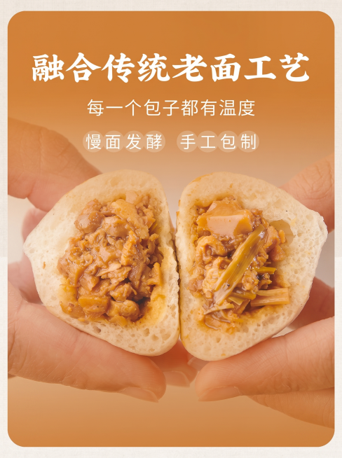 将图片最上方的文字“10个小时 老面发酵”修改为“融合传统老面工艺”，保持其他内容、整体风格、色调、构图不变，图片内容为双手拿着切开的酱肉包子，其他文字内容均保留，保持背景为暖橙色预览效果