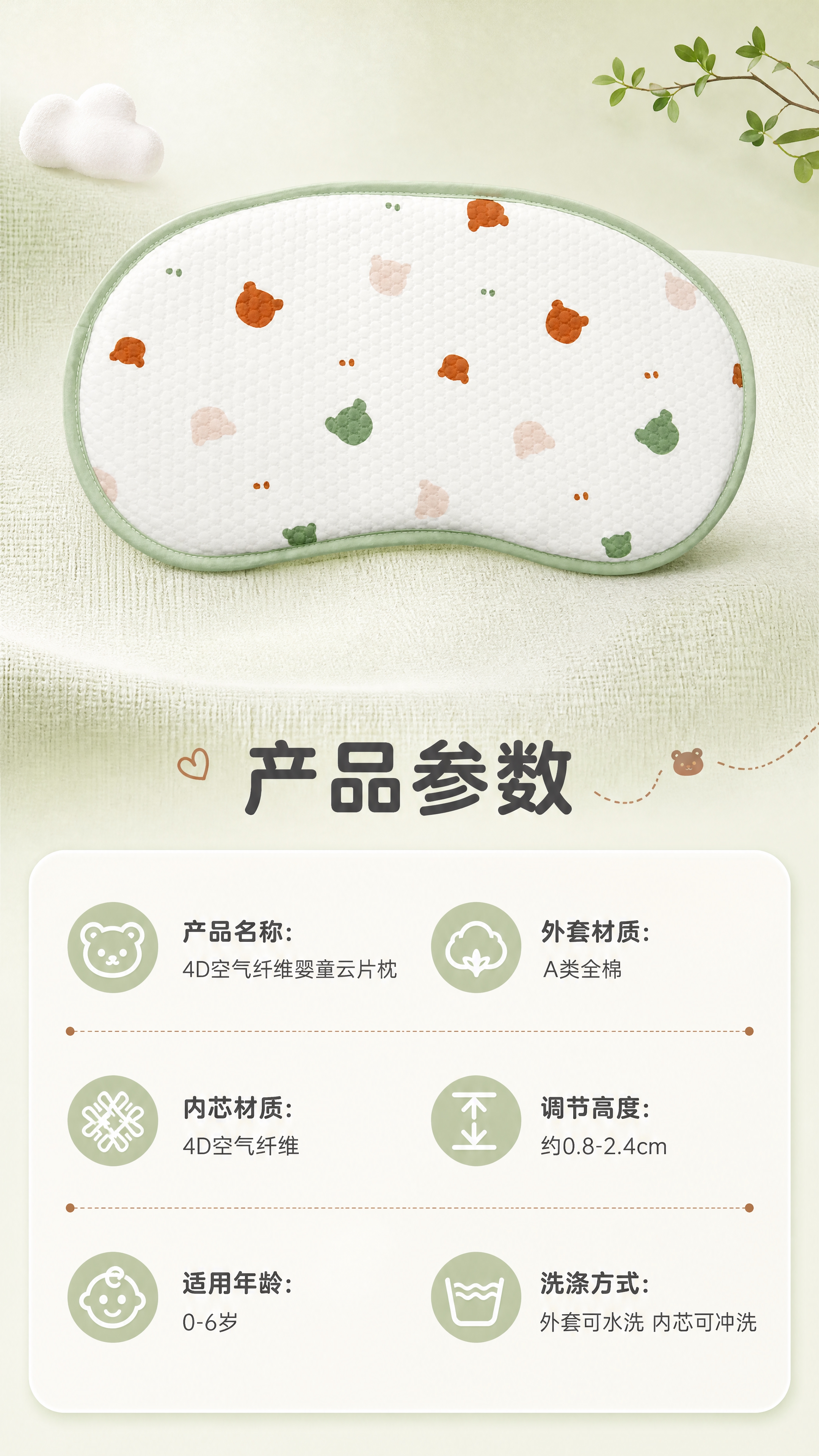 [商品] 使用【图1】绿边小熊头款4D空气纤维婴童云片枕；保留… - 图片创意预览