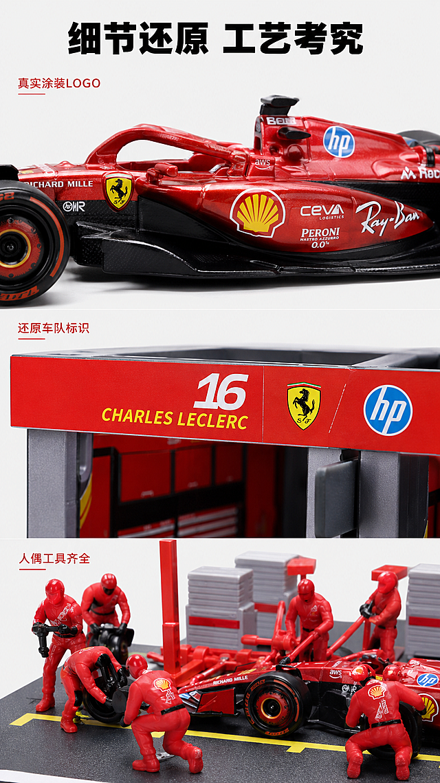 「图片1」，生成一套详情页，商品名称为比美高1:43法拉利F1车队维修站P房，适配淘宝/天猫平台，单图比例为9:16，需求屏数为8张。「图片1」「图片1」「图片1」「图片1」
