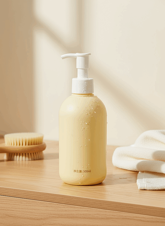 制作这瓶沐浴露的电商主图，把它放在治愈的浴室场景，旁边有浴巾和刷子