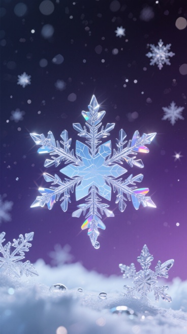 微距镜头下的微观冰晶宇宙，画面中央悬浮着一片宛如精密几何雕塑的完美六角形雪花，其尖端延伸出精致的枝杈结构，每个分叉点都生长着迷你冰棱，冰晶内部呈现出淡蓝色的冰裂纹理，边缘被侧逆光勾勒出一道钻石般的璀璨光晕。背景是深邃的暗紫色渐变，点缀着无数微小的星芒状冰晶，如同冬日夜空中的星尘，前景中几片半融化的雪花带着水滴的透明质感，在柔和的散射光下呈现出微妙的彩虹色散效果，整体氛围既展现了冰雪的冷峻精密，……预览效果