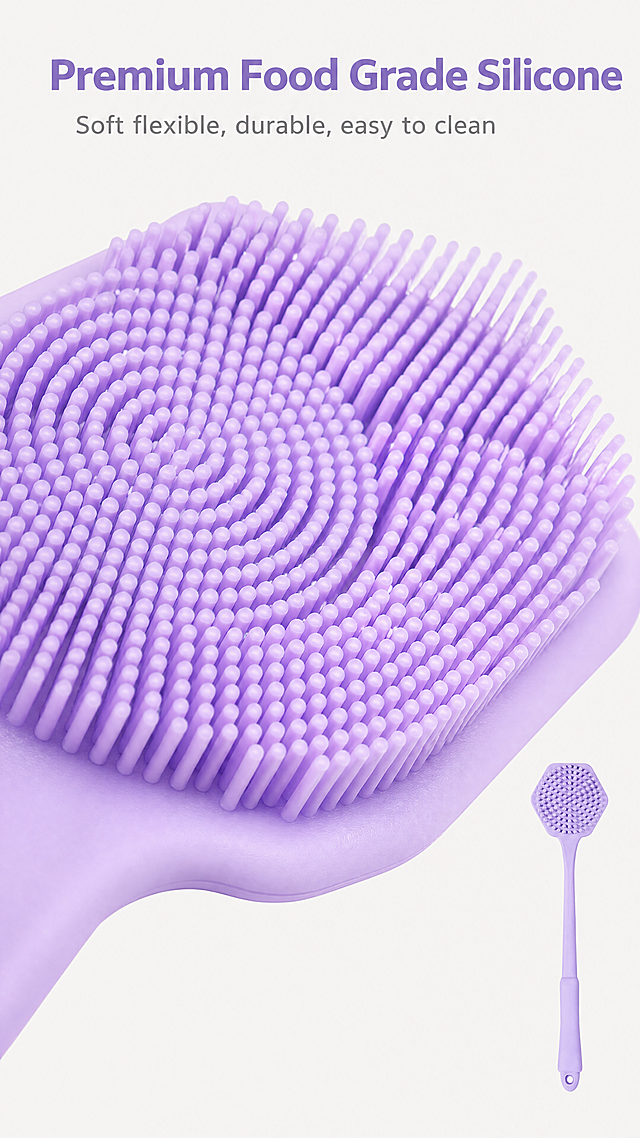 [Screen 4] Material detail macro shot. Focus on silicone bristle area from [image1], keep original bristle structure/purple color unchanged. Macro bristle occupies 70% screen, add small full view inset. Background #F5F5F5. Text: Top title "Premium Food Grade Silicone", subtitle "Soft flexible, durable, easy to clean". All English. 9:16 vertical, 4K. Negative: Changed bristle density, distorted product, blurry texture, Chinese characters.