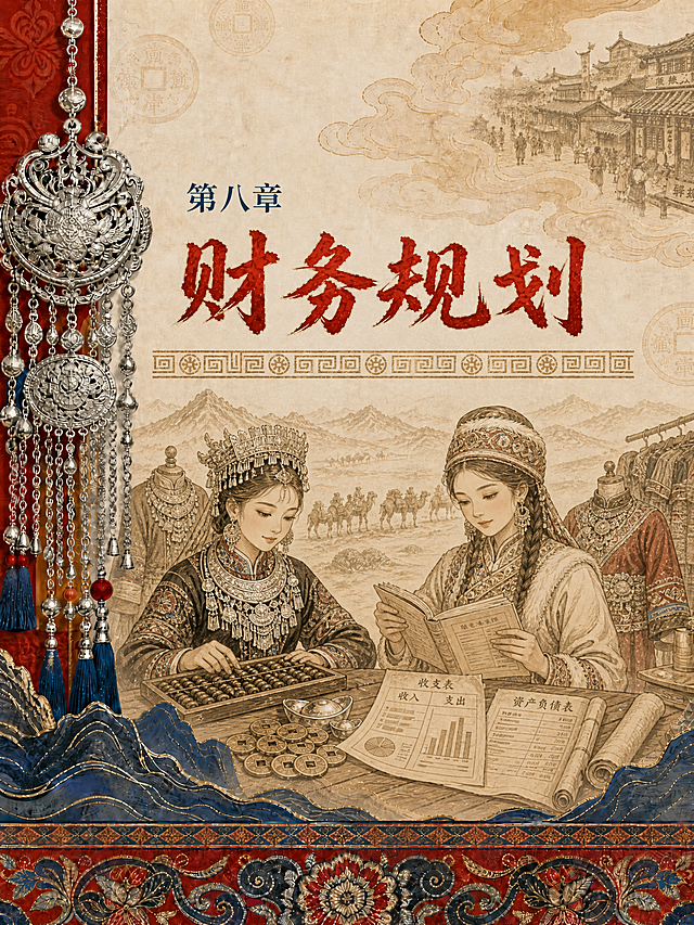 中国风古丝路风格章节页设计，56个民族服饰电商平台主题。整体延续参考图风格：左侧红色竖边配精美银饰挂坠（雕花银饰、银铃、蓝色流苏），米黄色做旧宣纸背景，底部蓝金描边山水层峦，底部红底金色缠枝花纹织锦边框，右上角金色祥云与古街市井线描图案，古钱币暗纹点缀。标题文字：上方深蓝色小字'第八章'，下方红色烫金毛笔大字'财务规划'，标题下方金色回纹装饰条。画面中部以不同民族女性为主体，用淡金色线描风格表现财务规划主题：两位穿着不同民族服饰（侗族银饰服饰、哈萨克族刺绣服饰）的年轻女子，脸型各不相同，各有特色民族妆容，一位手持算盘专注记账，一位翻看账本核对账目，桌上摆放银锭、铜钱串、元宝、记账卷轴与收支图表，旁边有民族服饰样品作为货品参考，体现财务管理与规划。背景远山丝路驼队剪影。整体色调统一为米黄、朱红、藏蓝、烫金，古朴典雅，敦煌丝路风格，人物面部清晰有辨识度，各民族服饰细节精致，2K高清画质