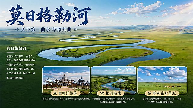 横版写实旅行海报，主题为莫日格勒河，顶部大标题文字为"莫日格勒河"，副标题为"天下第一曲水 草原九曲"。主背景为广袤呼伦贝尔草原上九曲回肠的莫日格勒河全景，自然清新风光。画面中下部有三个原型框体，分别放置金帐汗部落、根河湿地、呼和诺尔草原三个小景点的预览图，左侧区域添加莫日格勒河简短内容介绍。整体为写实商业摄影风格，自然清新色调，构图分区清晰，排版精美，文字清晰可读，16:9横版。