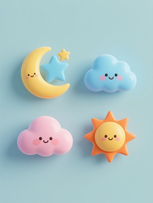 一系列4个不同可爱卡通元素的3D立体图标集合，每个元素保持圆润Q弹的造型、光滑细腻的材质、柔和均匀的光影、简洁的线条和萌系表情设计风格，元素类目分别为星星、月亮、云朵和太阳，每个元素拥有完全不同的专属色彩（如星星为黄色、月亮为蓝色、云朵为粉色、太阳为橙色），所有元素规整排列在纯色背景上，整体画面呈现出统一的可爱治愈氛围和高品质3D渲染效果。预览效果