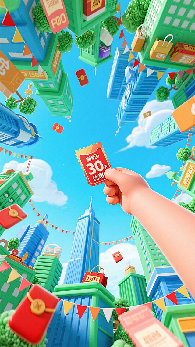 微缩的城市（热闹繁华，城市挂着彩带）中间是立着一只手拿着几张30元优惠券，（琳琅满目的商品、购物券和红包向上方扩散开），仰视角度，大透视，POV，蓝绿配色