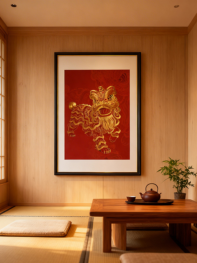 禅意茶室，浅木色墙面，墙上挂着用户提供的红金醒狮装饰画，画框大小和画面内容完全保持原样，和茶室风格协调融合。茶室摆放榻榻米、木茶桌，有紫砂茶具和绿植，暖黄柔光，静谧雅致，写实摄影风格，保持挂画清晰度不变