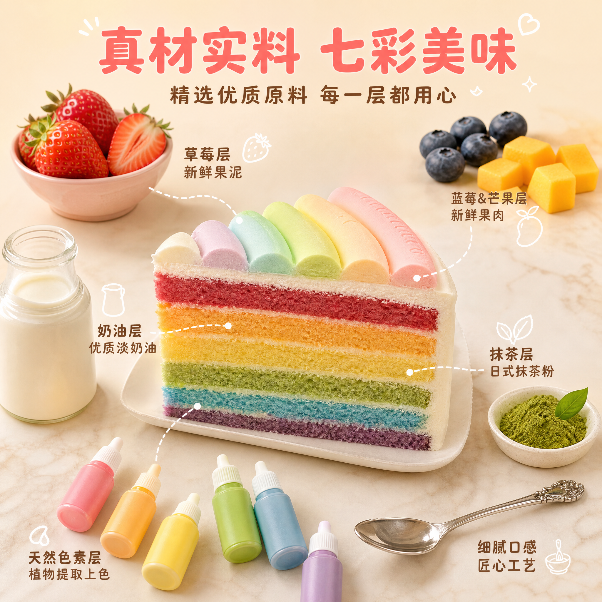 [主图-2] 彩虹蛋糕切块 核心卖点 新鲜原料与工艺。 [统一… - 图片创意预览