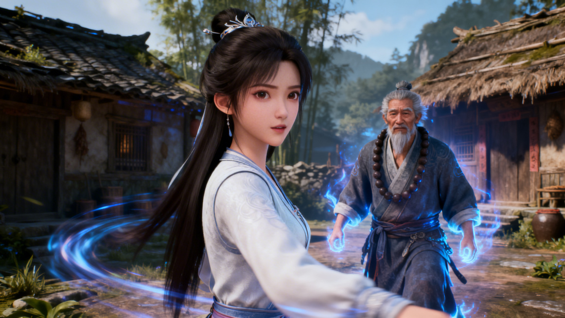玄幻3D风格，中景：阿瑶侧身绕开村长预览效果
