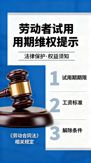 简约正式的法律知识普及海报，主题为劳动者试用期维权提示，法槌元素搭配文字说明，专业庄重的设计风格预览效果