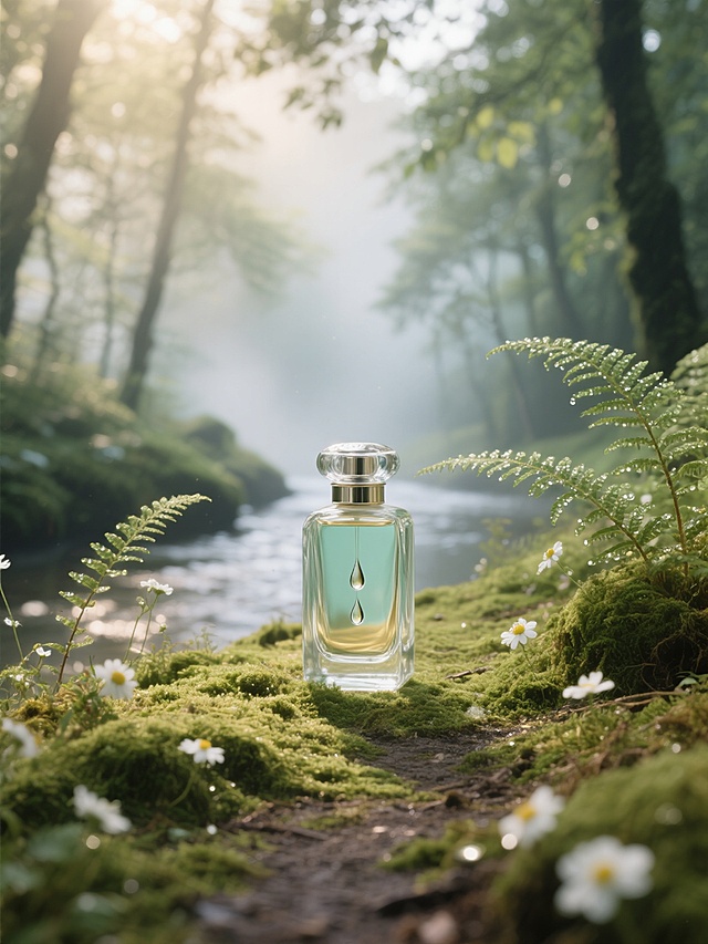 3D风与重拟物风结合，玻璃质感香水瓶置于雾霭森林溪畔，光影交错，水彩风自然元素营造清透梦幻氛围，传递静谧舒适之感。