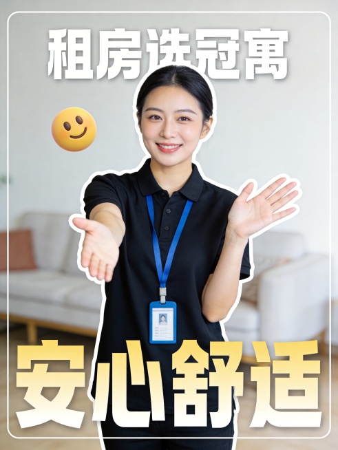 女性职场租房顾问，黑色polo衫，蓝色工作牌
修改人物面部表情为：眼轮匝肌轻收，浅卧蚕，睑裂微呈月牙，瞳孔微失焦，眼神温润
修改人物动作为：双手热情向镜头挥手，身体左右摇摆
景别：胸部以上半身像，平视预览效果